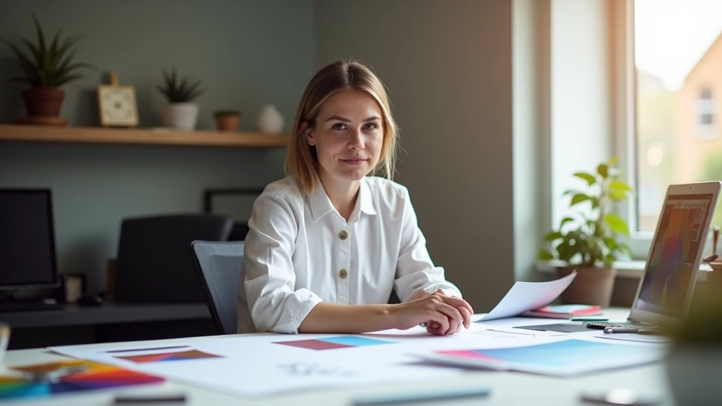 Graphic designer working at desk with color swatches and design samples spread out