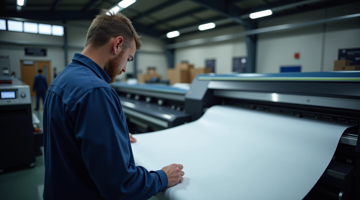 Modern print shop with large format printing equipment and colorful vinyl banners