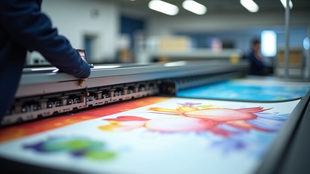 Industrial large format printing machine in operation showing color ink jets spraying onto vinyl material roll