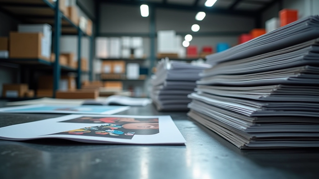 Print shop workspace showing various finished large format prints stacked and organized for delivery