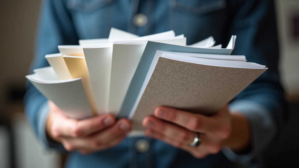 Hands holding different printed samples showing various finishes and material textures