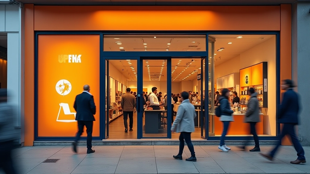 Vibrant storefront with multiple color combinations including warm amber tones and deep navy accents creating visual contrast